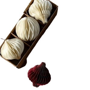 Off-white and burgundy paper honeycomb ornaments set with gift box for Christmas decor