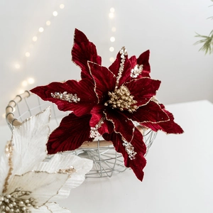 Deep red velvet artificial poinsettia flower with gold glitter edges for Christmas decor