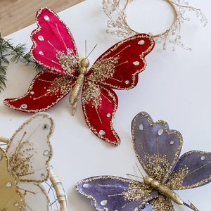 Velvet Christmas butterfly ornaments with gold sequins and clips for holiday tree decor