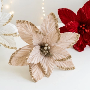 30cm velvet artificial poinsettia with glitter edges for Christmas tree decoration