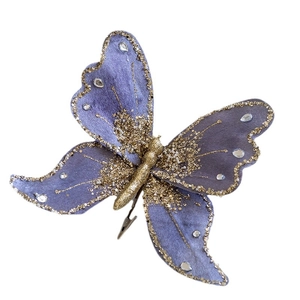 Exquisite purple velvet butterfly Christmas tree ornament with gold glitter and rhinestones