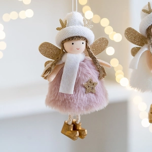 Plush Christmas angel doll ornament with pink dress and white antlers for tree decor
