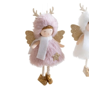Pink plush Christmas angel doll with glitter antlers and star details for tree decoration