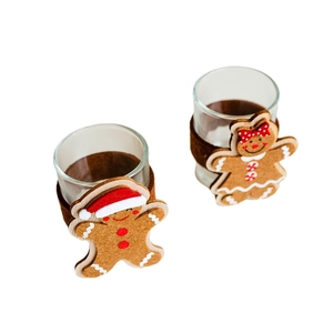 Christmas Gingerbread Man felt candle cup sleeves set with festive holiday decorations