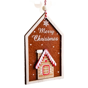 Wooden house-shaped Christmas tree ornament with 3D felt gingerbread house and snowy roof