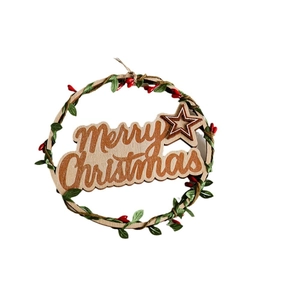 Wooden Merry Christmas wreath with green leaves and red berries hanging door decoration