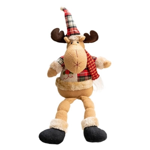 Plush Christmas reindeer doll with long legs and red plaid hat on white background