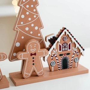 Christmas wooden gingerbread man house tabletop decor with warm white LED lights