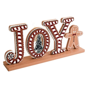 Wooden Christmas JOY tabletop decoration with gingerbread man and candy cane stripes