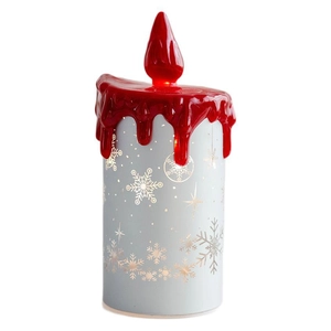 LED Christmas tree glass candle lamp with golden snowflakes on a white background