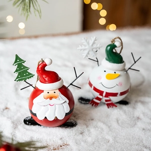 Iron Painted Christmas Santa Claus Snowman Sphere Hanging Ornaments With Jute Rope For Christmas Tree Decor Home Party