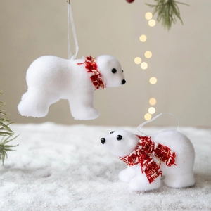 White flocked polar bear ornaments with plaid scarves for festive Christmas tree decor