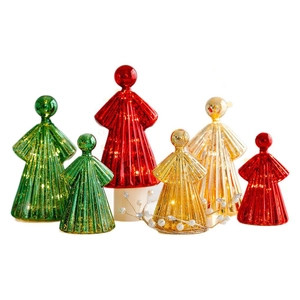 Luminous glass angel ornaments in red green and gold with vertical rib texture set of two