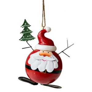 Christmas Santa iron ornament with green tree and hanging rope for festive tree decor