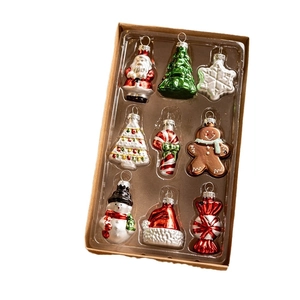 9-piece set of handmade glass Christmas ornaments with Santa, tree and snowman shapes