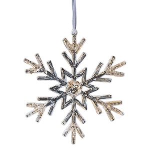 Golden sequined acrylic snowflake ornament for Christmas tree decoration with silver ribbon