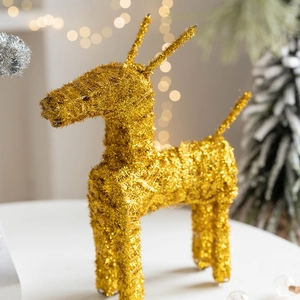 Sparkling gold glitter reindeer decor made of metal wire for festive Christmas displays