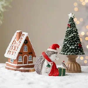 Miniature Christmas Tree Gingerbread House Resin Ornaments Glowing House Bear Hedgehog Desktop Decorations Festive Xmas Gift