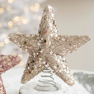 Champagne gold glitter star Christmas tree topper with shimmering sequins and spring base