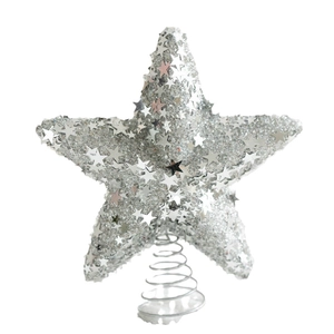 Sparkling silver Christmas tree topper star with glitter sequins and spring base