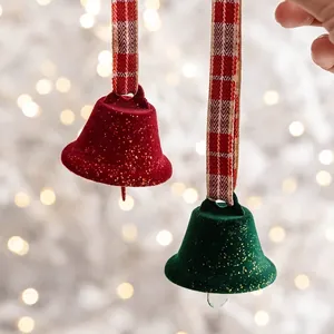 Set of flocked red and green Christmas tree bells with glitter and checkered ribbon