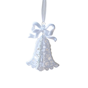 Cloche de Noël blanche floquée avec nœud en velours et détails pailletés argentés