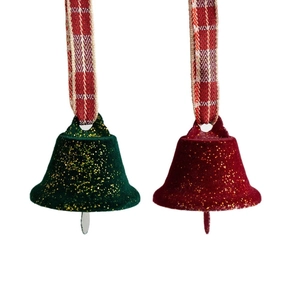 Red and green Christmas bells with gold glitter and red checkered ribbon ornaments