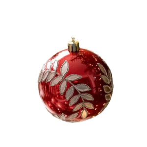 Palla di Natale rossa da 8cm con foglie d'argento glitterate per decoro dell'albero