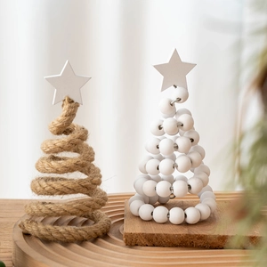 Minimalist Nordic wooden Christmas tree desktop ornaments set with twine and white beads