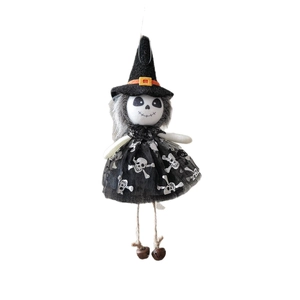 Halloween skull witch hanging decoration with black tulle skirt and rustic metal bells