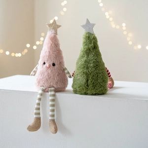 Pair of plush Christmas tree dolls with sequin stars and striped legs for home decor