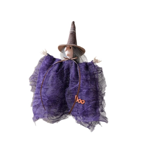 Halloween witch hanging decoration with purple mesh dress, brown hat and Boo sign