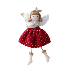 Handmade plush Christmas angel doll with red polka dot dress and gold heart wand