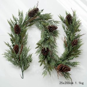Green PE Christmas pine garland with real pine cones and eucalyptus leaves 200cm