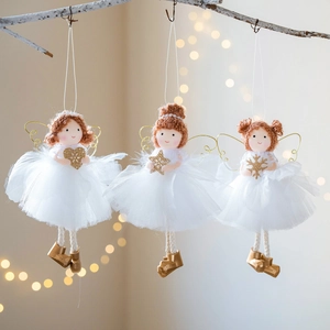 Handmade Christmas Angel Girl Doll Hanging Ornament White Mesh Fairy For Christmas Tree Home Holiday Party Decoration