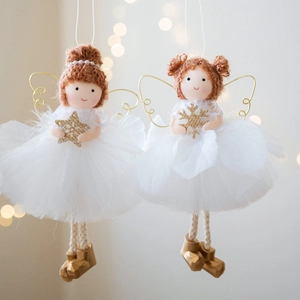 Cute white Christmas angel doll ornaments with lace skirts and golden wings for tree decor