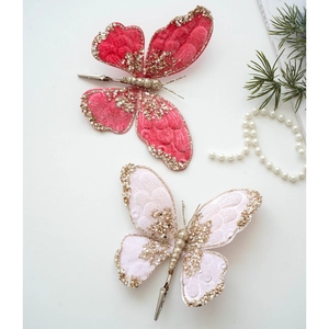 Velvet butterfly clips with beads and gold glitter for Christmas tree decoration