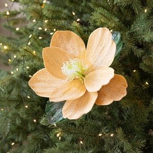 Champagne gold artificial magnolia clip with glitter finish for Christmas tree decor