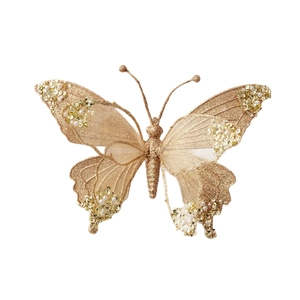 Sparkling gold butterfly Christmas tree ornament with glitter sequins and white pearls