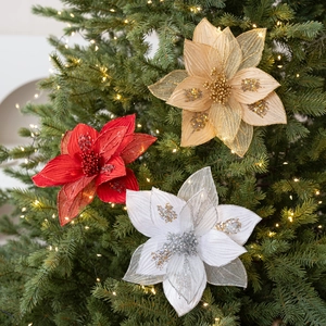 Poinsettia Christmas tree decorations in red, gold and silver with glitter accents