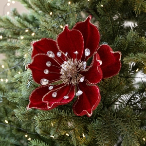 Elegante rote Samt-Magnolie für den Weihnachtsbaum mit Goldglitzer und Kristall-Details