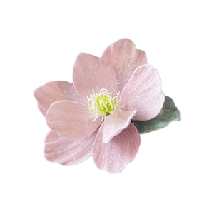 Pink artificial lotus flower with glitter petals and green leaf for Christmas decor