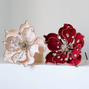 Premium Samt Magnolien für den Weihnachtsbaum in Champagner und Rot mit Goldglitzer