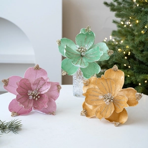 Luxury 22cm velvet Christmas flowers with sparkling beads and sequins for festive decor