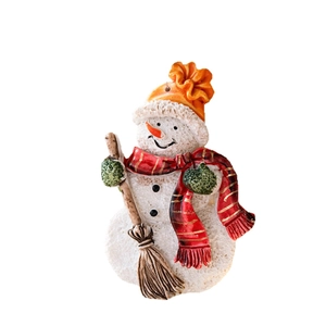 Vintage Christmas snowman resin ornament with glitter gloves and straw broom decoration