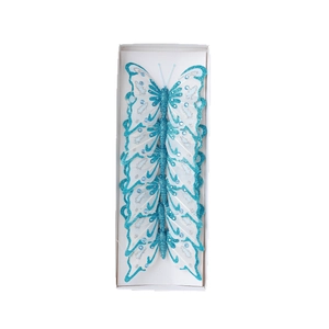 Farfalle decorative per albero di Natale con glitter blu e strass in confezione