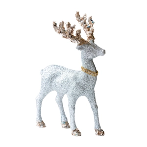 Sparkling silver Christmas reindeer figurine with glitter finish and gold accents