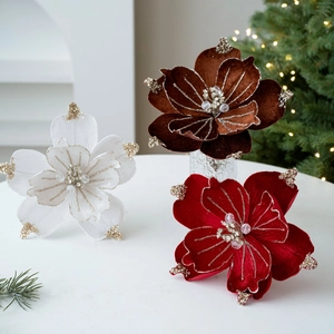 Luxury velvet magnolia Christmas flowers with glitter beads decoration in three colors