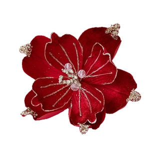 22cm dark red velvet artificial Christmas magnolia flower with gold glitter and beads