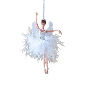 Elegant white ballet dancer ornament with feather skirt and wings for Christmas tree decoration